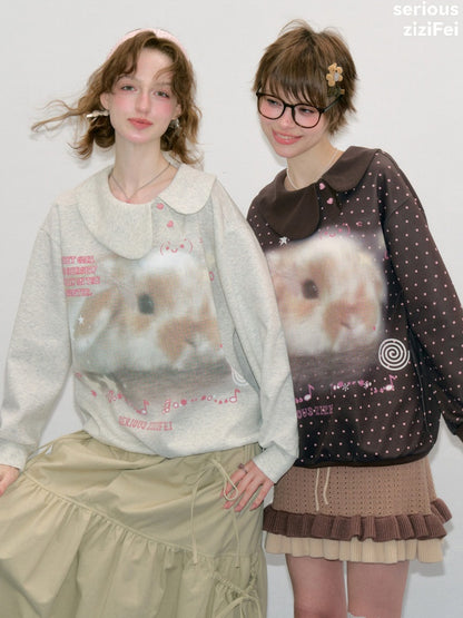 Bunny Print Polka Dot Doll Diagonal Brown Slimming Sweatshirt【s0000018430】