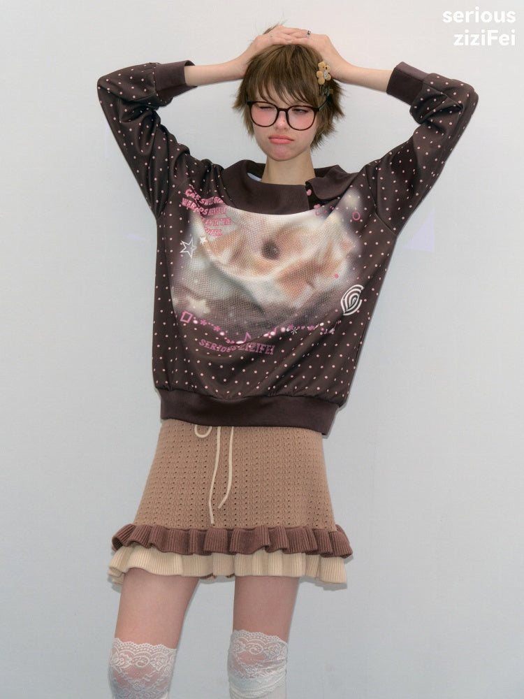 Bunny Print Polka Dot Doll Diagonal Brown Slimming Sweatshirt【s0000018430】