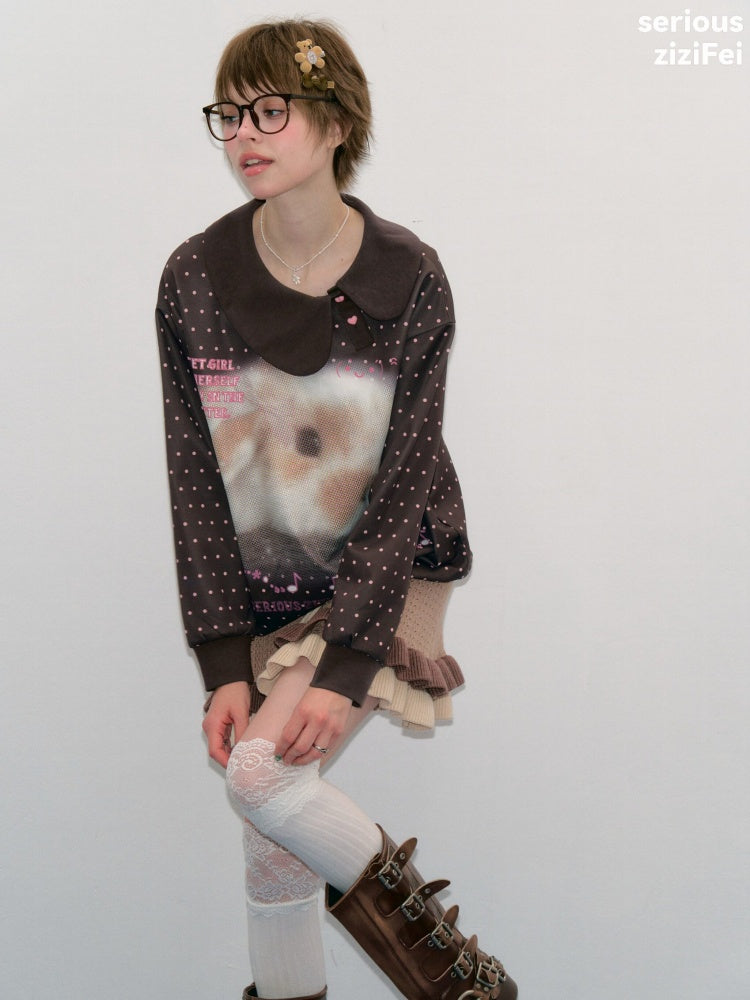 Bunny Print Polka Dot Doll Diagonal Brown Slimming Sweatshirt【s0000018430】