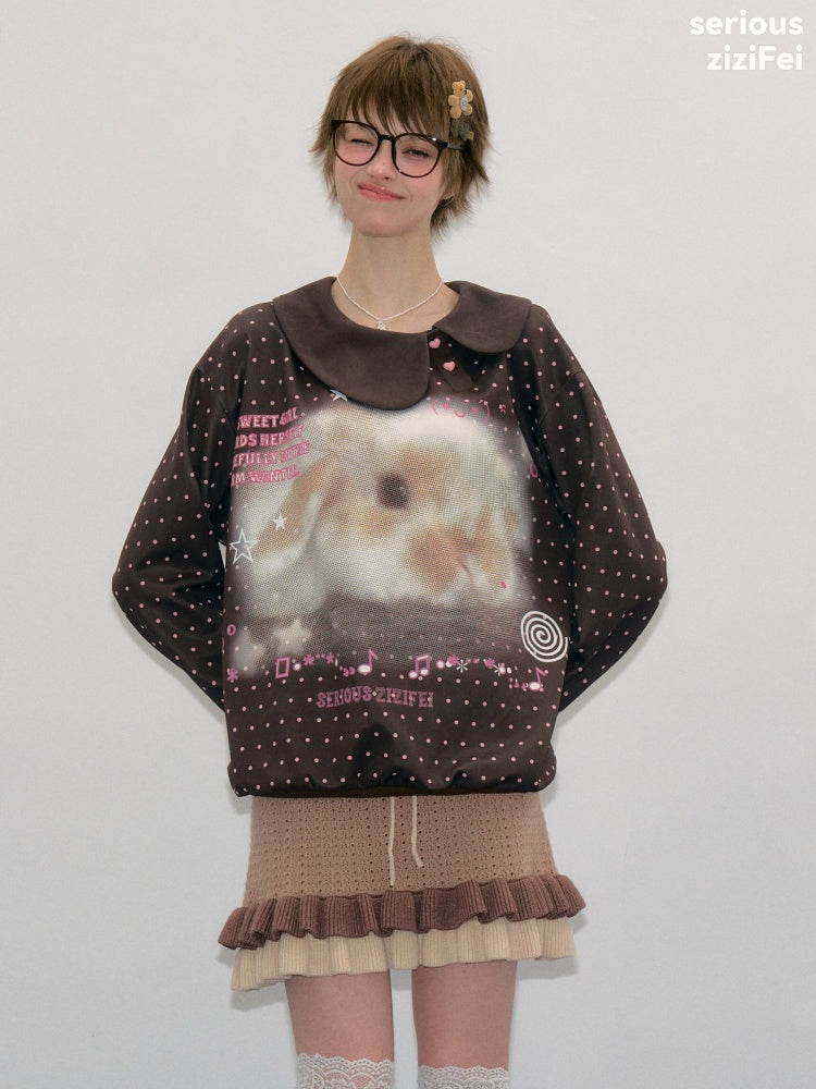 Bunny Print Polka Dot Doll Diagonal Brown Slimming Sweatshirt【s0000018430】