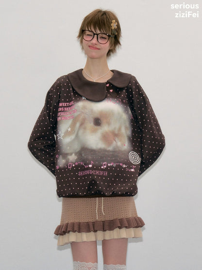 Bunny Print Polka Dot Doll Diagonal Brown Slimming Sweatshirt【s0000018430】