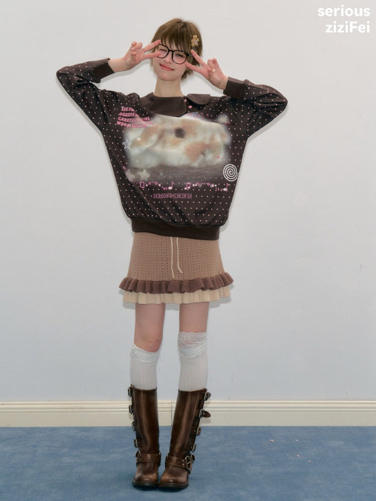 Bunny Print Polka Dot Doll Diagonal Brown Slimming Sweatshirt【s0000018430】
