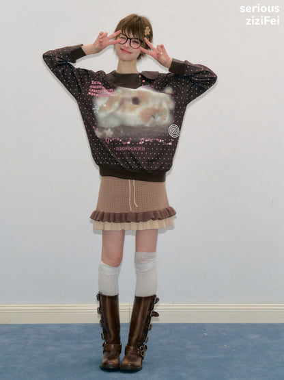 Bunny Print Polka Dot Doll Diagonal Brown Slimming Sweatshirt【s0000018430】