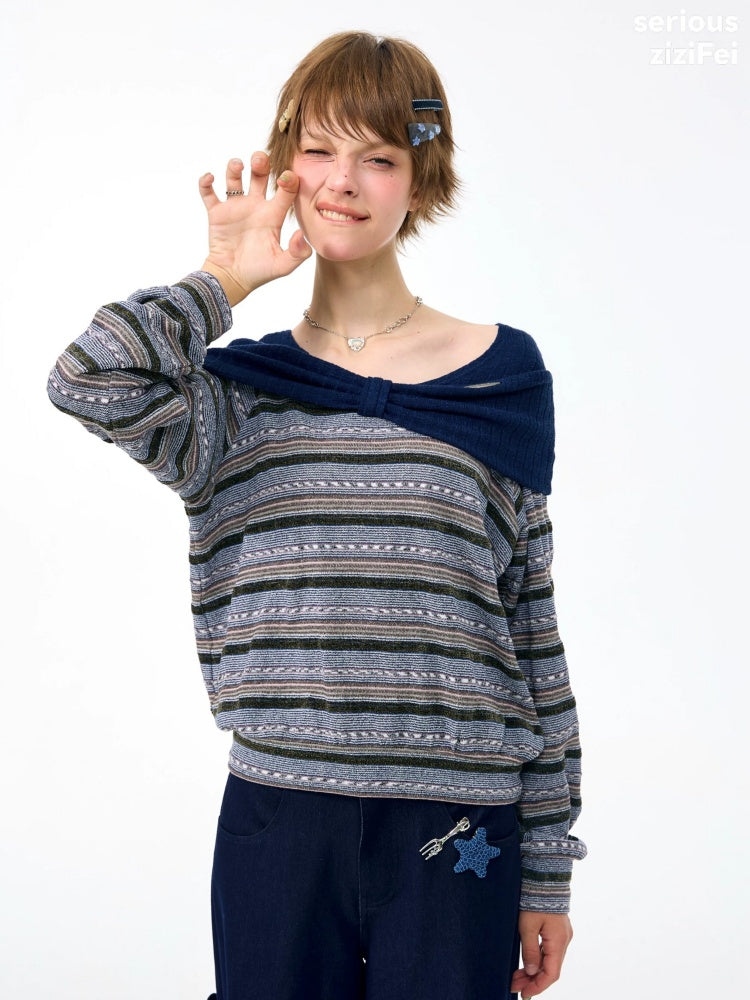 Pastoral Fragment Design Slimming Blue Stripe Long-Sleeve Knit Tops【s0000018431】