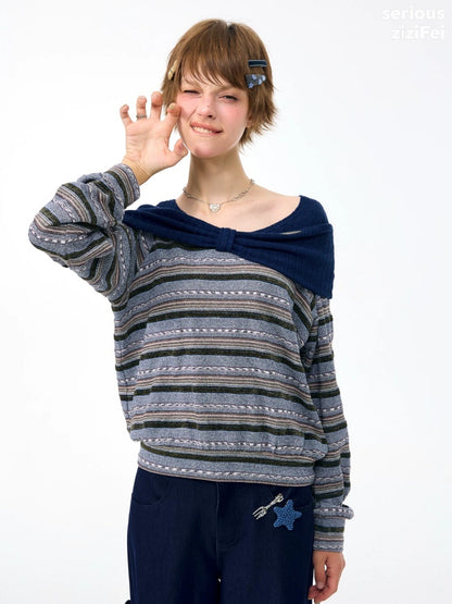 Pastoral Fragment Design Slimming Blue Stripe Long-Sleeve Knit Tops【s0000018431】