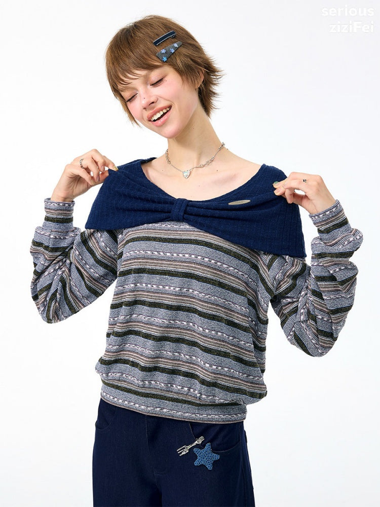 Pastoral Fragment Design Slimming Blue Stripe Long-Sleeve Knit Tops【s0000018431】