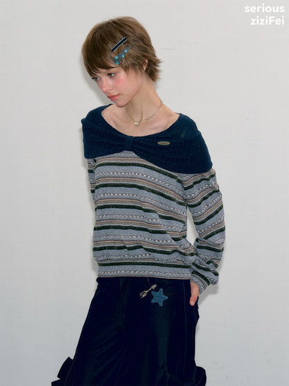 Pastoral Fragment Design Slimming Blue Stripe Long-Sleeve Knit Tops【s0000018431】