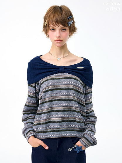 Pastoral Fragment Design Slimming Blue Stripe Long-Sleeve Knit Tops【s0000018431】
