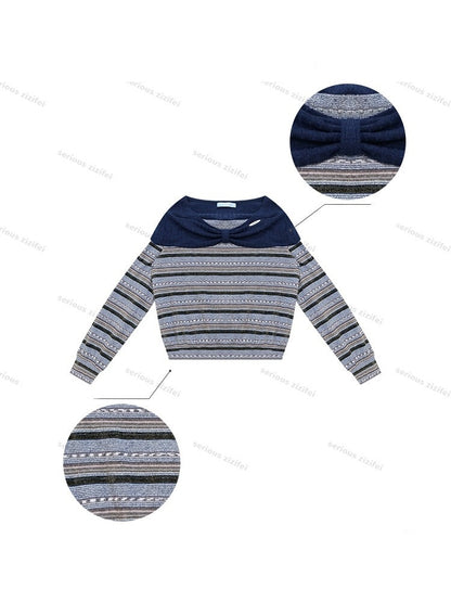 Pastoral Fragment Design Slimming Blue Stripe Long-Sleeve Knit Tops【s0000018431】