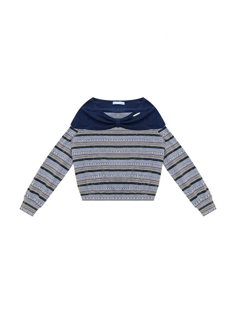 Pastoral Fragment Design Slimming Blue Stripe Long-Sleeve Knit Tops【s0000018431】