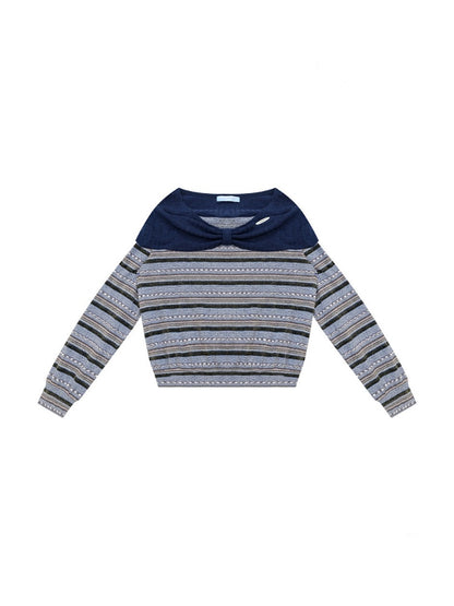 Pastoral Fragment Design Slimming Blue Stripe Long-Sleeve Knit Tops【s0000018431】