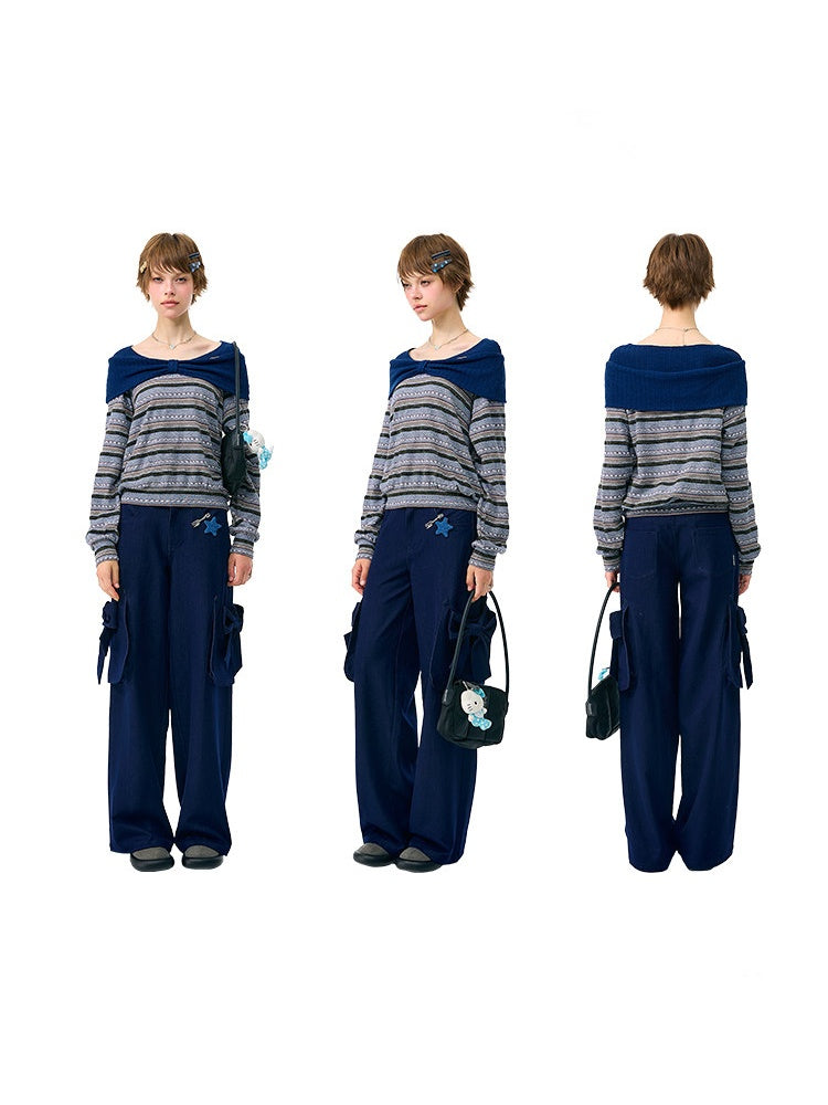 Pastoral Fragment Design Slimming Blue Stripe Long-Sleeve Knit Tops【s0000018431】
