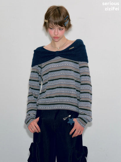 Pastoral Fragment Design Slimming Blue Stripe Long-Sleeve Knit Tops【s0000018431】