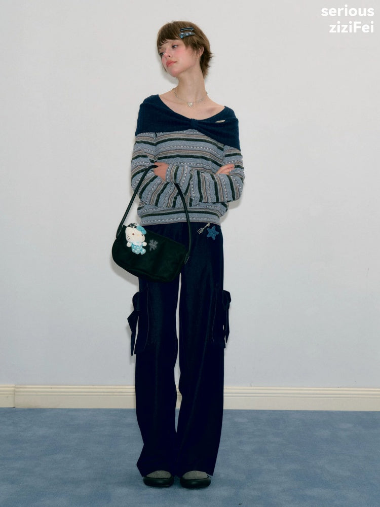 Pastoral Fragment Design Slimming Blue Stripe Long-Sleeve Knit Tops【s0000018431】