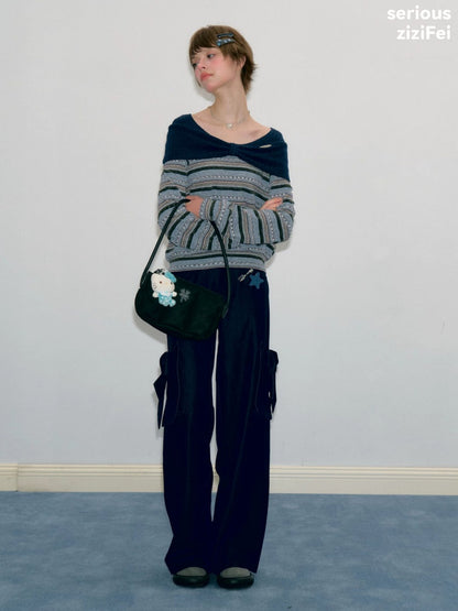 Pastoral Fragment Design Slimming Blue Stripe Long-Sleeve Knit Tops【s0000018431】