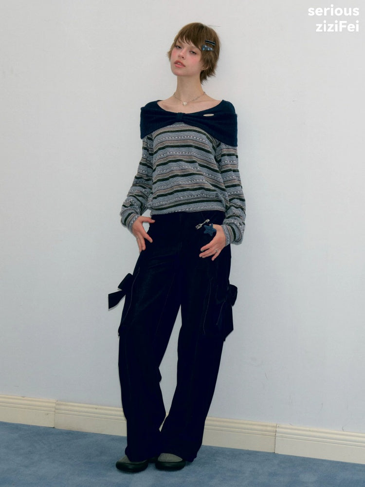 Pastoral Fragment Design Slimming Blue Stripe Long-Sleeve Knit Tops【s0000018431】
