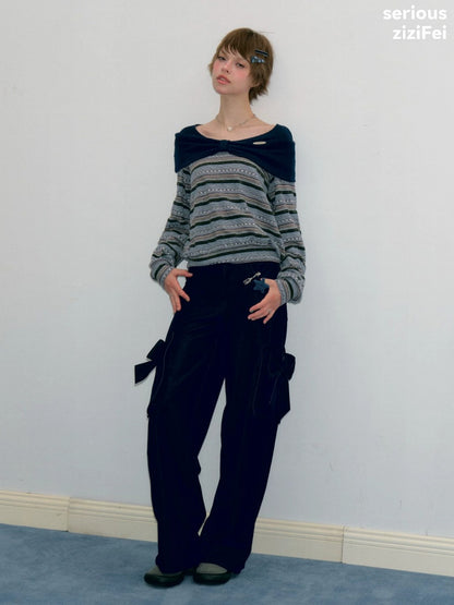 Pastoral Fragment Design Slimming Blue Stripe Long-Sleeve Knit Tops【s0000018431】