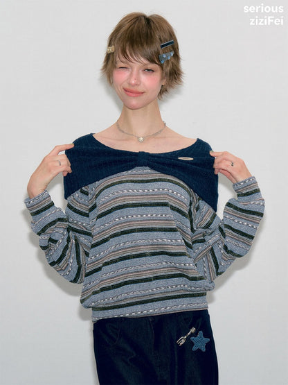 Pastoral Fragment Design Slimming Blue Stripe Long-Sleeve Knit Tops【s0000018431】