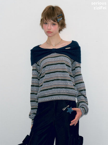 Pastoral Fragment Design Slimming Blue Stripe Long-Sleeve Knit Tops【s0000018431】