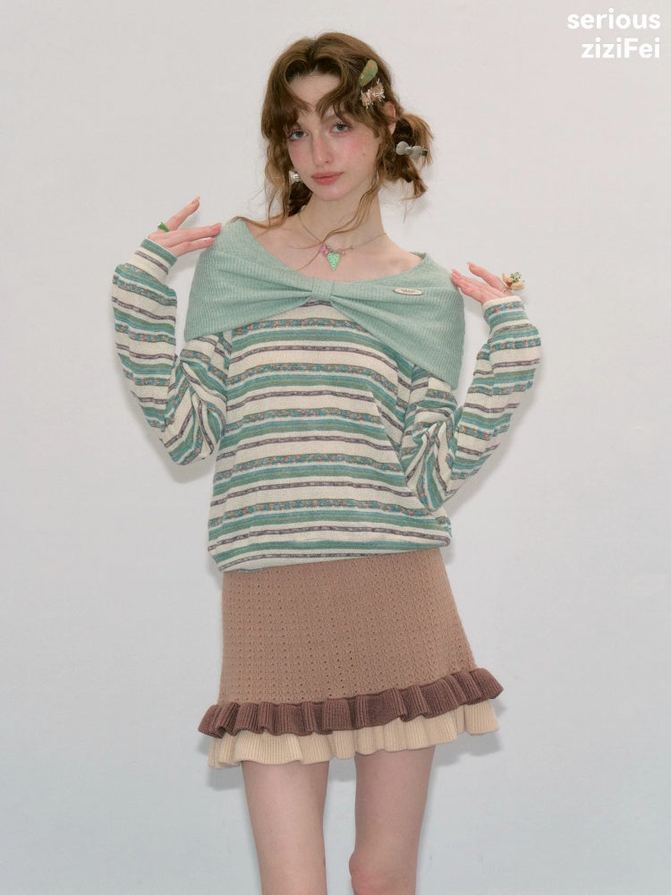 Pastoral Fragment Design Slimming Green Stripe Long-Sleeve Knit Tops【s0000018432】