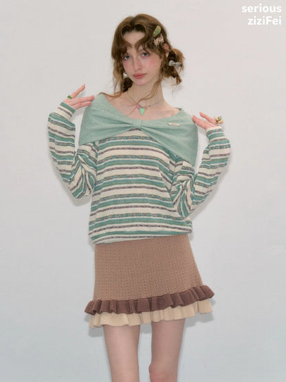 Pastoral Fragment Design Slimming Green Stripe Long-Sleeve Knit Tops【s0000018432】