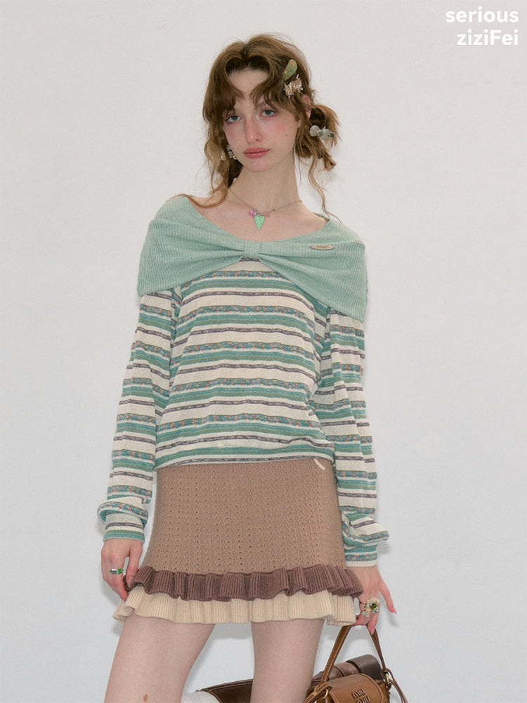 Pastoral Fragment Design Slimming Green Stripe Long-Sleeve Knit Tops【s0000018432】