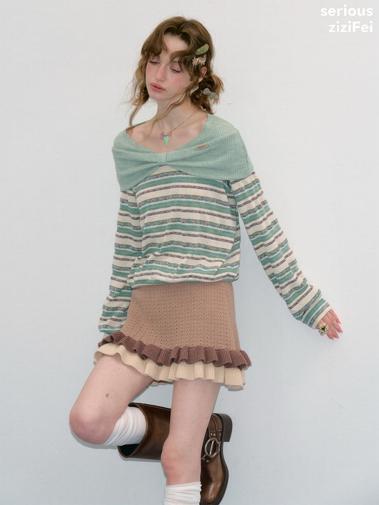 Pastoral Fragment Design Slimming Green Stripe Long-Sleeve Knit Tops【s0000018432】