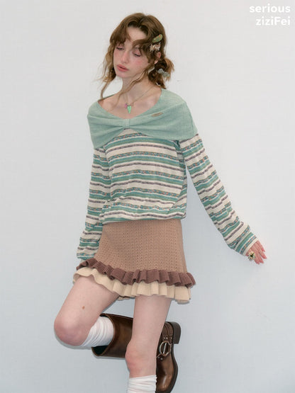 Pastoral Fragment Design Slimming Green Stripe Long-Sleeve Knit Tops【s0000018432】
