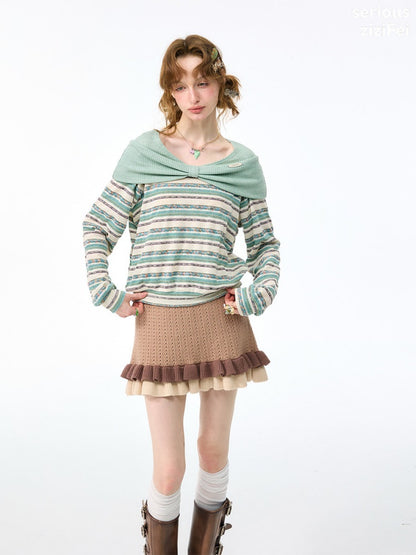 Pastoral Fragment Design Slimming Green Stripe Long-Sleeve Knit Tops【s0000018432】