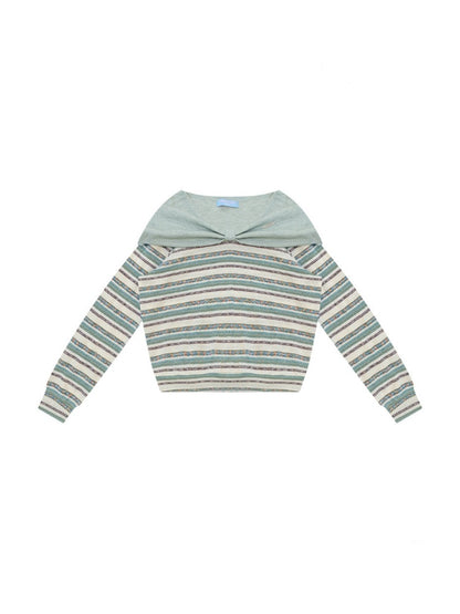Pastoral Fragment Design Slimming Green Stripe Long-Sleeve Knit Tops【s0000018432】