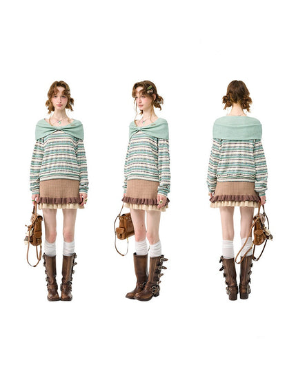 Pastoral Fragment Design Slimming Green Stripe Long-Sleeve Knit Tops【s0000018432】