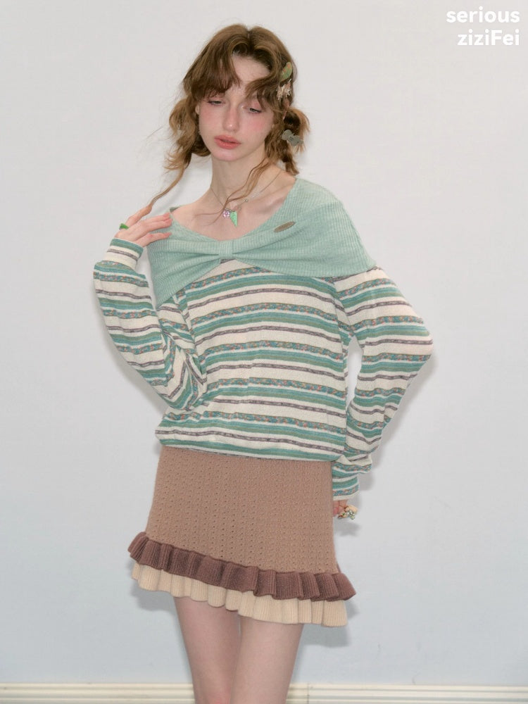 Pastoral Fragment Design Slimming Green Stripe Long-Sleeve Knit Tops【s0000018432】