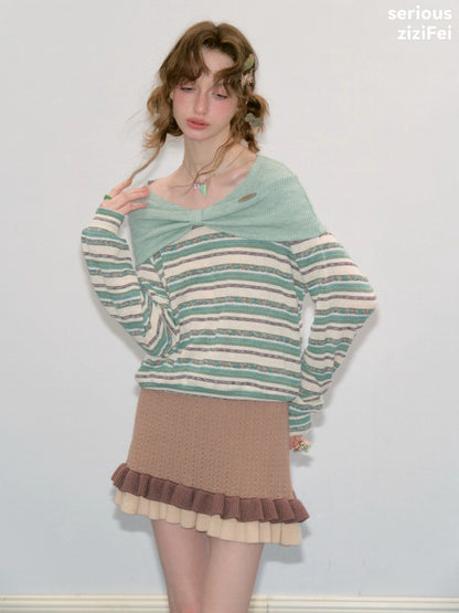 Pastoral Fragment Design Slimming Green Stripe Long-Sleeve Knit Tops【s0000018432】