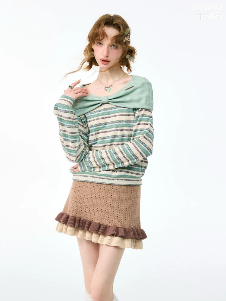 Pastoral Fragment Design Slimming Green Stripe Long-Sleeve Knit Tops【s0000018432】