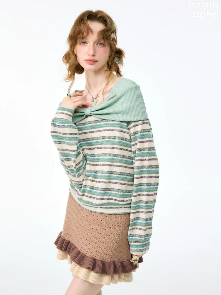 Pastoral Fragment Design Slimming Green Stripe Long-Sleeve Knit Tops【s0000018432】