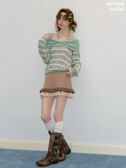 Pastoral Fragment Design Slimming Green Stripe Long-Sleeve Knit Tops【s0000018432】