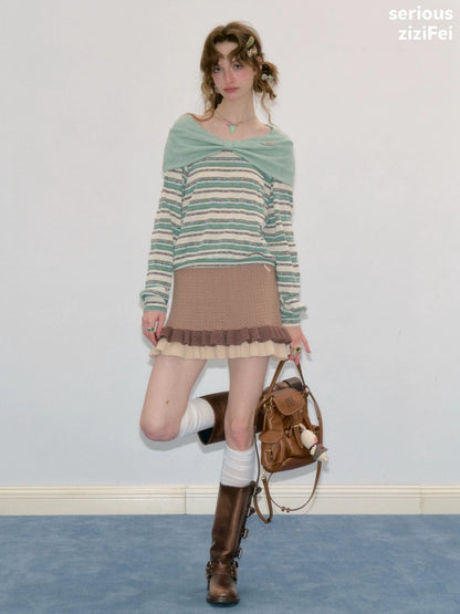 Pastoral Fragment Design Slimming Green Stripe Long-Sleeve Knit Tops【s0000018432】
