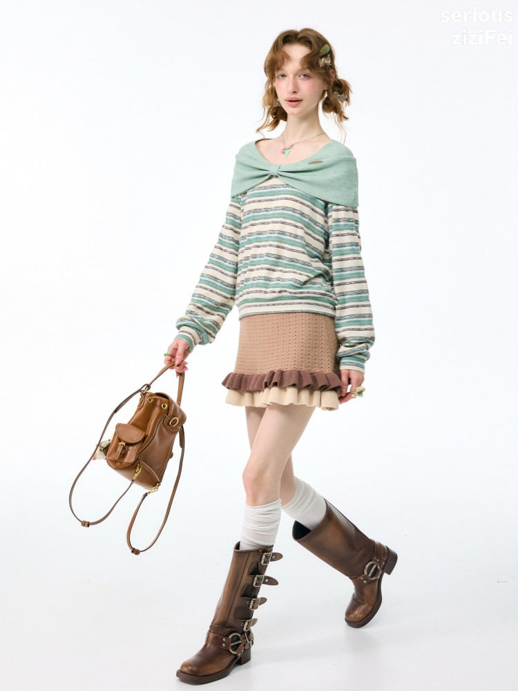 Pastoral Fragment Design Slimming Green Stripe Long-Sleeve Knit Tops【s0000018432】