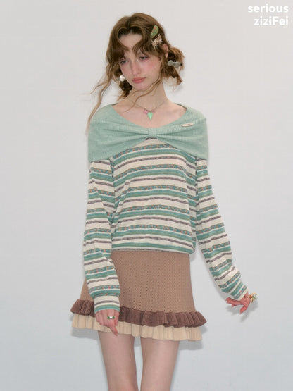 Pastoral Fragment Design Slimming Green Stripe Long-Sleeve Knit Tops【s0000018432】