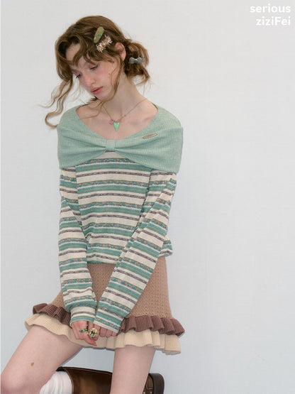 Pastoral Fragment Design Slimming Green Stripe Long-Sleeve Knit Tops【s0000018432】