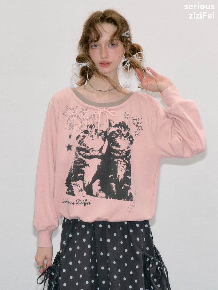 Musical Note Starlight Vintage Pink Cat Print Crew Neck Tie Slimming Sweatshirt【s0000018433】