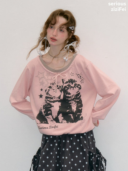 Musical Note Starlight Vintage Pink Cat Print Crew Neck Tie Slimming Sweatshirt【s0000018433】