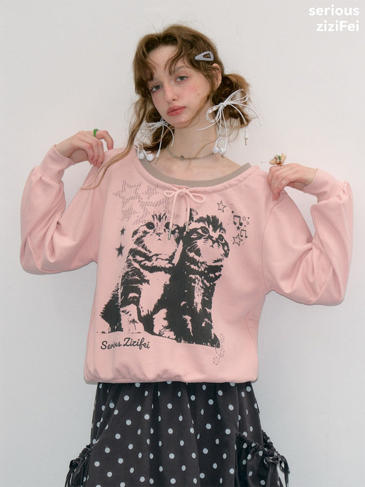 Musical Note Starlight Vintage Pink Cat Print Crew Neck Tie Slimming Sweatshirt【s0000018433】