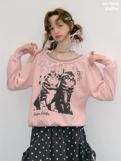 Musical Note Starlight Vintage Pink Cat Print Crew Neck Tie Slimming Sweatshirt【s0000018433】