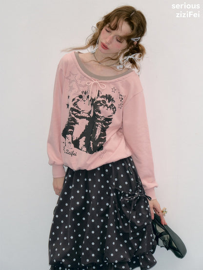 Musical Note Starlight Vintage Pink Cat Print Crew Neck Tie Slimming Sweatshirt【s0000018433】