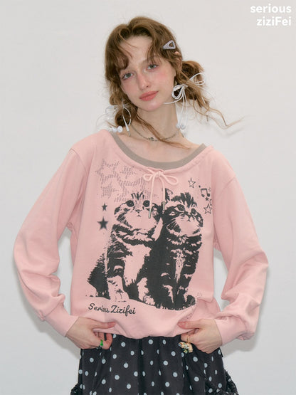 Musical Note Starlight Vintage Pink Cat Print Crew Neck Tie Slimming Sweatshirt【s0000018433】