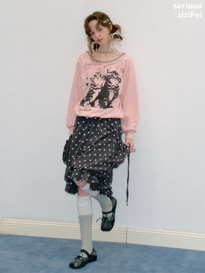 Musical Note Starlight Vintage Pink Cat Print Crew Neck Tie Slimming Sweatshirt【s0000018433】