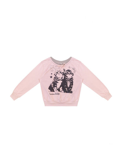 Musical Note Starlight Vintage Pink Cat Print Crew Neck Tie Slimming Sweatshirt【s0000018433】