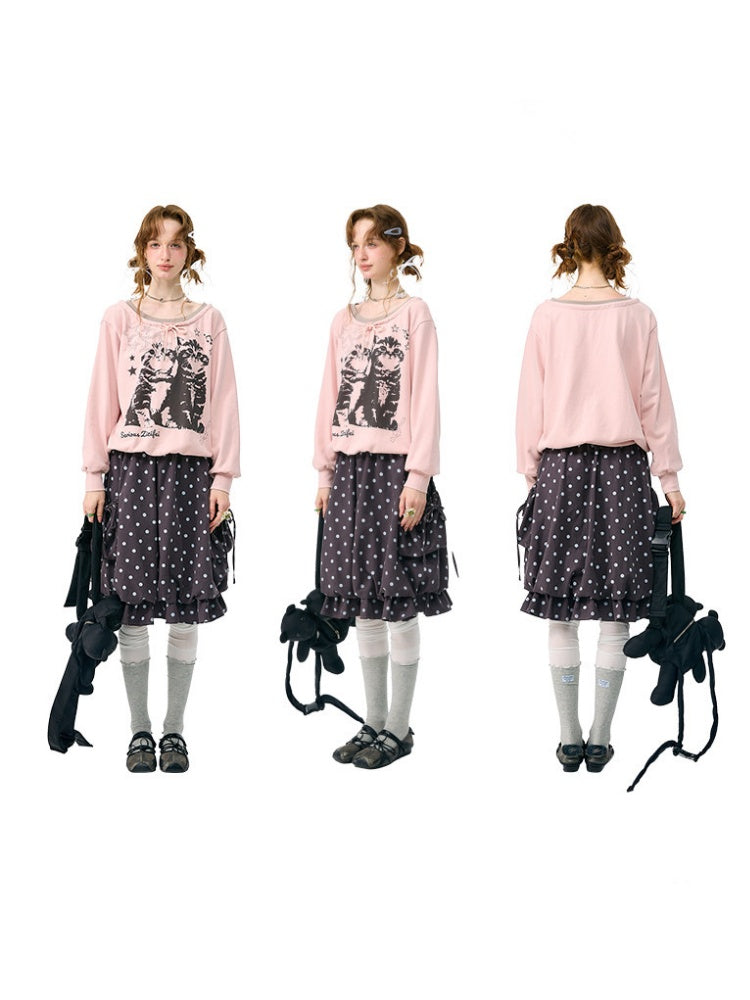 Musical Note Starlight Vintage Pink Cat Print Crew Neck Tie Slimming Sweatshirt【s0000018433】