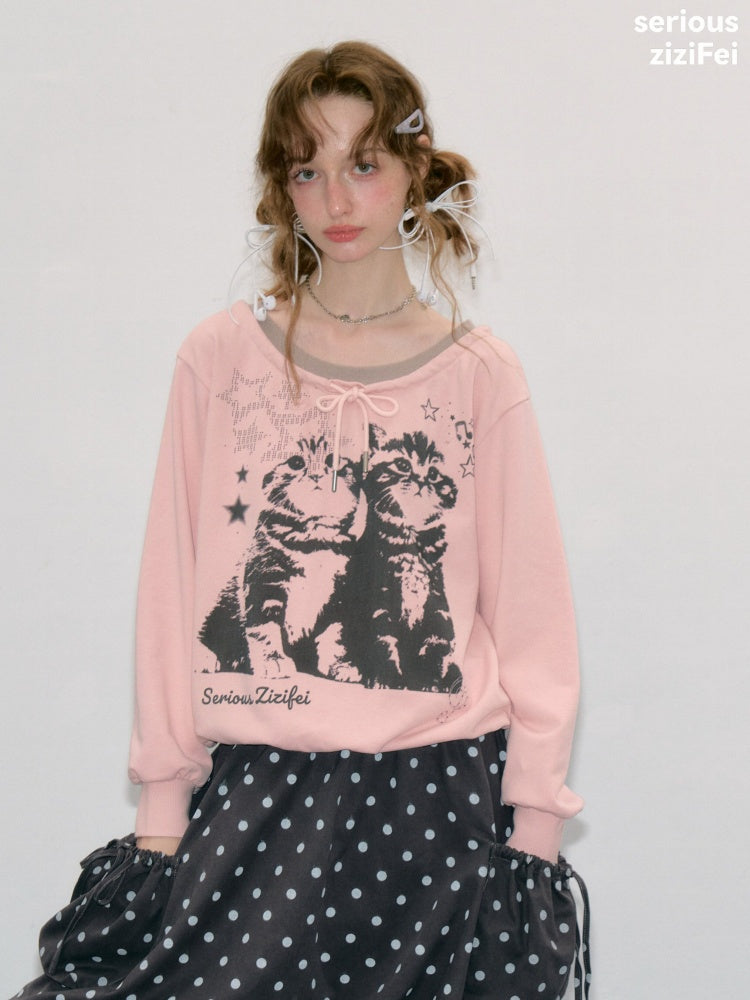 Musical Note Starlight Vintage Pink Cat Print Crew Neck Tie Slimming Sweatshirt【s0000018433】